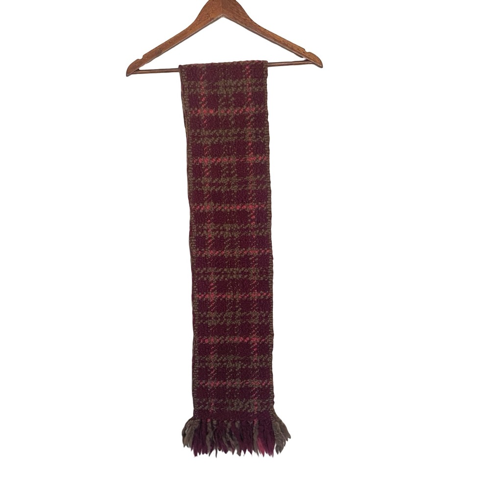 Banana Republic Plaid Scarf Unisex Wool Burgundy Brown OS Fringed 120881-00-1